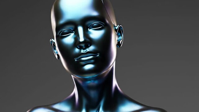 Futuristic metallic robot head with chrome finish.