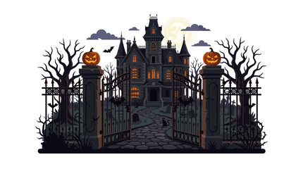 Spooky Haunted Mansion with Open Gate and Jack O Lanterns in Night Cemetery