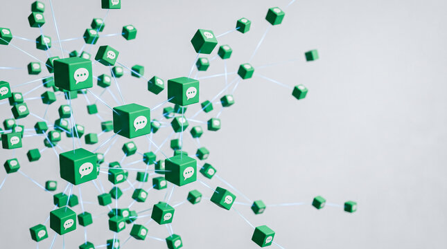 Network of green cubes with chat icons connected by glowing lines, symbolizing communication, connection, and digital interaction.