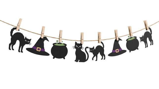 Halloween Garland with Black Paper Cats Witch Hats and Cauldrons Isolated on White Background, Festive DIY Decoration for Holiday Parties