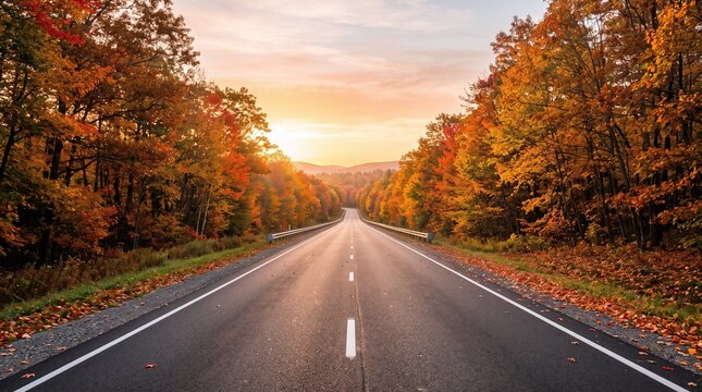 Scenic asphalt road stretching through a colorful autumn forest at sunset