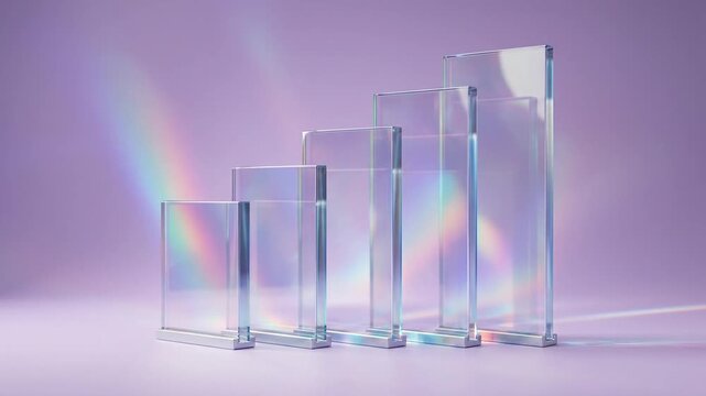 Transparent glass award plaques in ascending height reflect prismatic rainbow light rays on a purple background.