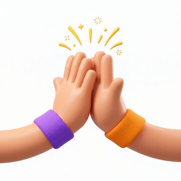 3d cartoon hands giving a high five with colorful wristbands on a white background