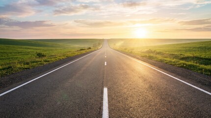 Obraz premium Long asphalt road stretching across green rolling hills under a bright sunrise