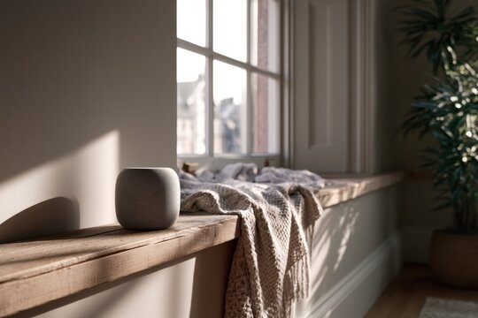 Calm interior scene featuring a lone wireless speaker in a sunlit Scottish home