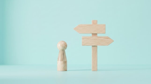 Wooden pawn figure standing before a signpost with two arrows pointing in opposite directions
