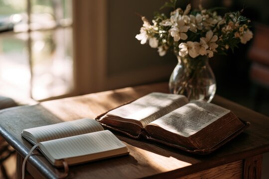 Calm morning table with Bible and journal surrounded by blooms for daily devotion