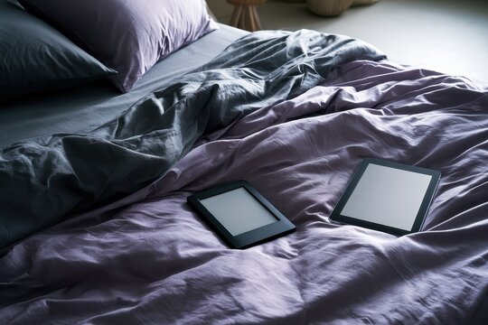 Calm modern bedding setup featuring microfiber sheets, an e-reader and a tablet mockup on a bed