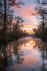 Obraz premium Calm river scenery at sunset with mist, warm colors, and distant treeline in Congaree