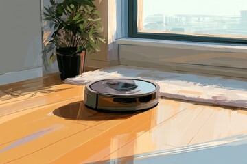 Fototapeta premium Calm, tech-enabled interior featuring a robotic floor cleaner navigating a warm-toned wooden floor