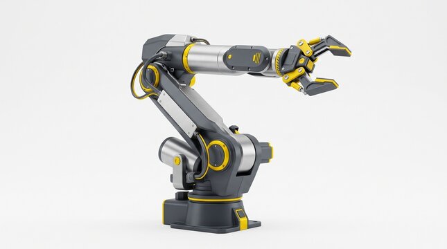 3D render of an industrial robotic arm with a claw gripper on white background.