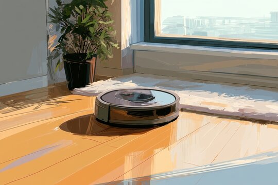 Calm, tech-enabled interior featuring a robotic floor cleaner navigating a warm-toned wooden floor
