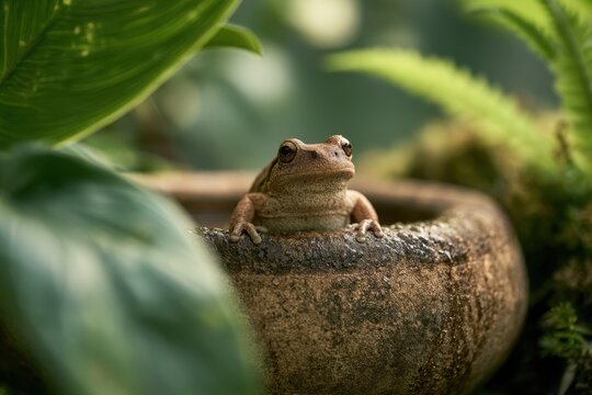 Calm tropical scene featuring a coqui frog resting on a rock bowl among green ferns