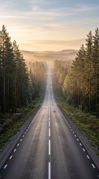Straight asphalt road leading through a foggy pine forest at sunrise tree