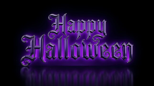 A glowing purple happy halloween text design with a spooky gothic font style isolated on a solid black background wallpaper