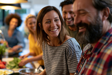 Obraz premium Diverse group of friends talking and laughing around a kitchen island, preparing cuisine together, bright contemporary home interior, beautiful background