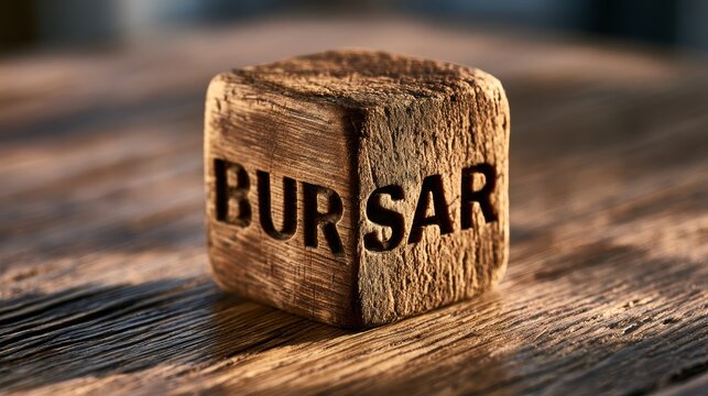 Carved wooden block with the word bursar on a rustic desk, symbolizing educational finance administration
