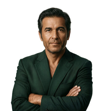 Businessman portrait blazer isolated professional man in his 40s looking authoritative with arms crossed on a transparent background