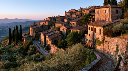 Obraz premium Charming Tuscan hill town at sunset: winding cobbled streets and terracotta roofs