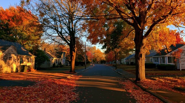 Charming fall scene: tree-lined rural street with bright foliage near Somerville, Massachusetts outskirts