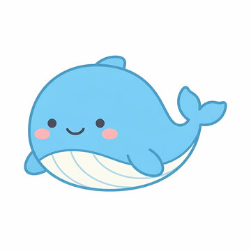 A cute light blue whale swimming through the deep ocean with a cheerful smile and rosy cheeks perfect for nursery room wall art decoration for children and babies who love marine animal creatures