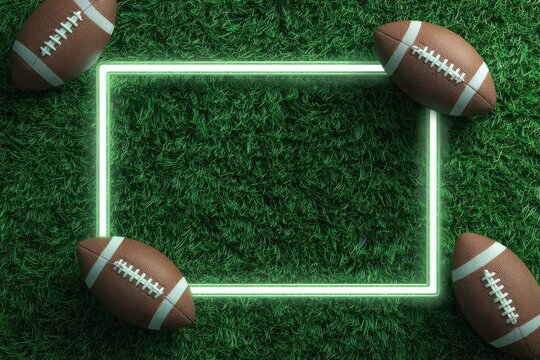 A bright glowing neon rectangular frame surrounded by american footballs on a textured green grass field background for sports event advertising