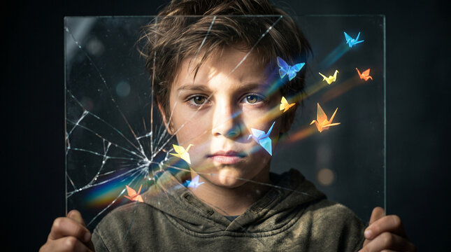 A confident-looking boy amidst broken glass and paper cranes. This illustrates the themes of child violence and bullying, emphasizing the "power of recovery and inner strength."