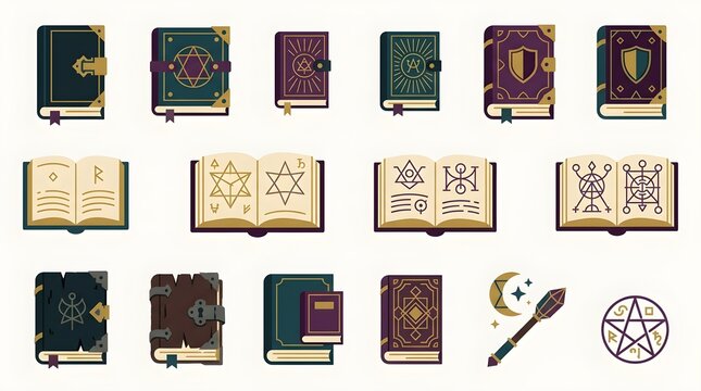 A collection of magical spell book icons featuring mystical symbols, enchanted covers, ancient grimoires, open magic books, and occult illustrations. Perfect for Halloween, fantasy games, magic themes