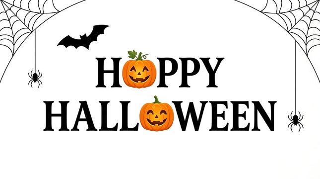 A festive happy halloween greeting card design featuring carved jack o lantern pumpkins with spooky bats and spider web decorations