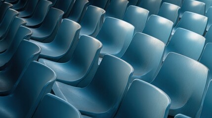 Fototapeta premium Rows of empty blue stadium seats await spectators for the next sporting event. The clean, modern design of the empty blue seats in a stadium suggests anticipation for a major competition or game