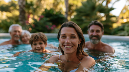 Fototapeta premium Multi-generational family relaxing and swimming in a private outdoor pool surrounded by tropical landscaping, warm sunlight, authentic joyful emotions, premium family lifestyle scene