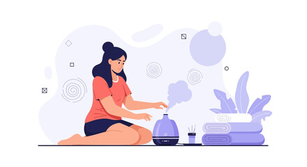 Obraz premium Woman Using Aroma Diffuser for Relaxation and Wellness at Home
