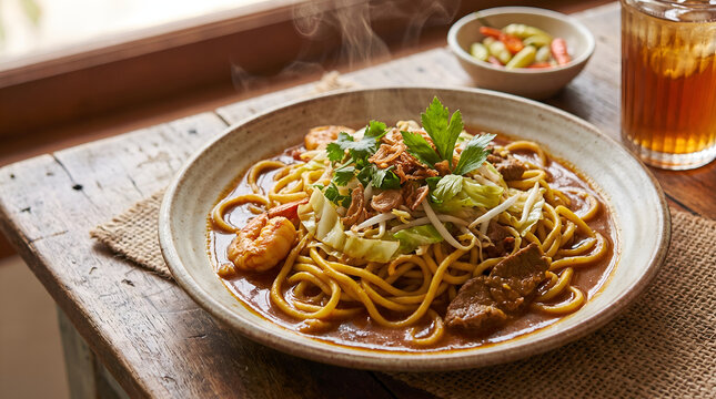 Traditional Mie Aceh with thick noodles, savory spices and natural garnishes, photographed for Indonesian culinary tourism, restaurant marketing and food editorial content.