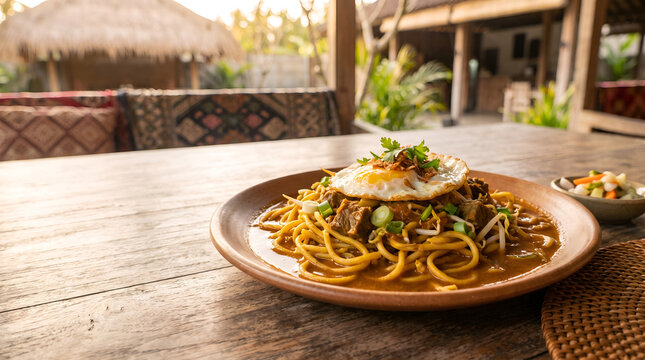 Traditional Mie Aceh representing Indonesian culinary heritage, suitable for travel campaigns, cultural education, tourism websites and food storytelling.