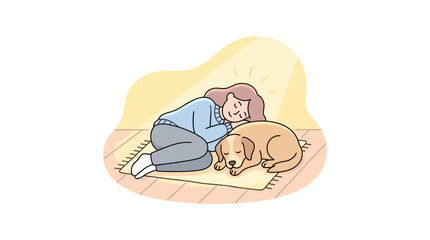 Young woman sleeping peacefully with her dog on a rug