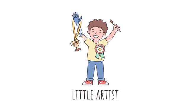 Young Boy Celebrates Artistic Achievement with Trophy and Brush