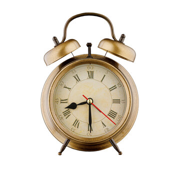 alarm clock, vintage clock with time 8 hours 30 minutes, a.m. 8:30, p.m. 8:30, on isolated white background close-up