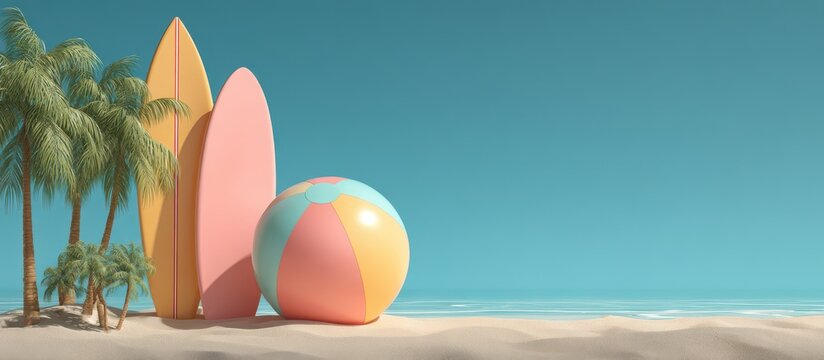 Two colorful surfboards standing next to a beach ball on a sandy tropical beach with palm trees under a clear blue sky