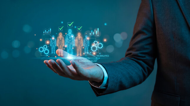 Businessman holding virtual human resource icons representing digital workforce management and talent acquisition