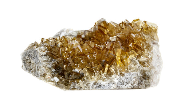 Beautiful golden barite druse representing mental clarity, intuition and inner peace. Sacred alternative therapy amulet template on white backdrop with text space