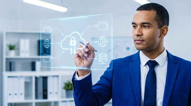 Business Professional Interacting with Advanced Cloud Computing Holographic Display Interface in Modern Office
