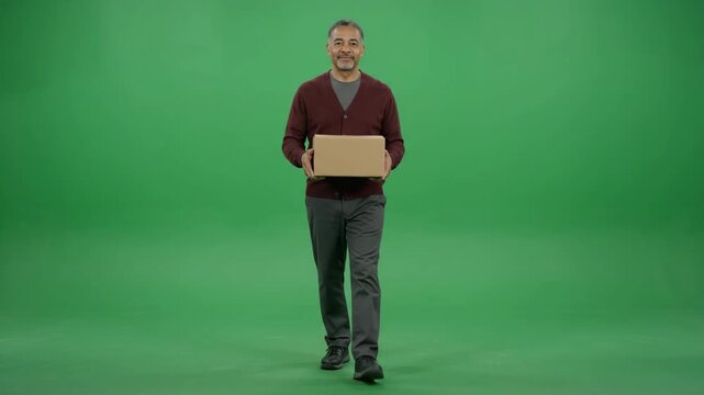 Smiling man walking towards camera holding a cardboard box on a green screen.
