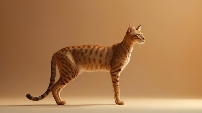 Minimalist Studio Portrait of a Sleek Ocicut Cat Standing Against a Warm Beige Background
