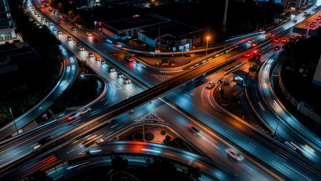 Aerial view of a busy highway interchange at night