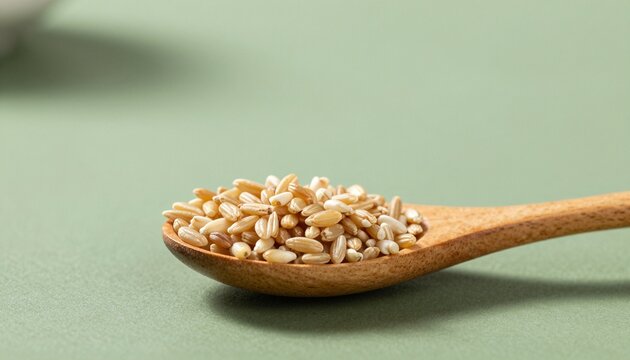 Macro photography of germinated brown GABA rice grains filling a handcrafted wooden spoon