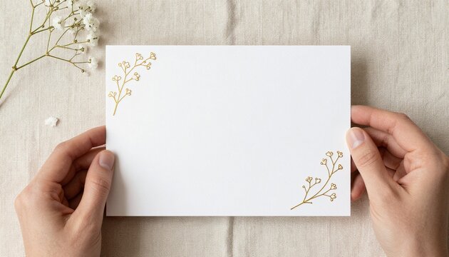 Elegant flat lay of a blank white rectangular card with gold floral accents on light linen surface