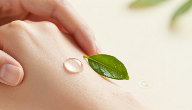 Close-up of a transparent serum droplet on hydrated skin with natural extracts and soft lighting