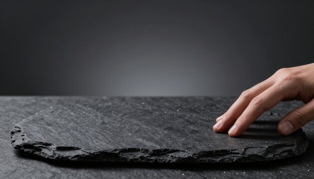 Close-up of dark charcoal slate platform with natural mineral texture and tactile surface