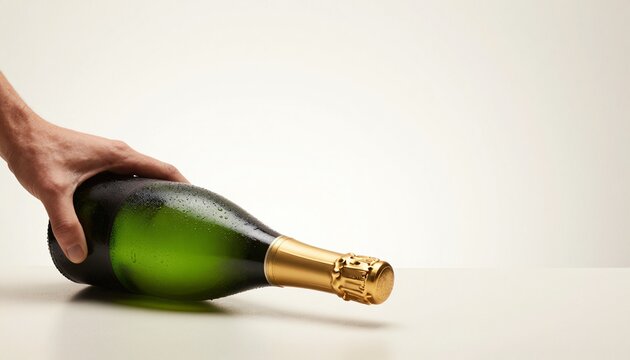 High-end close-up of a sparkling wine magnum bottle on a polished light cream surface