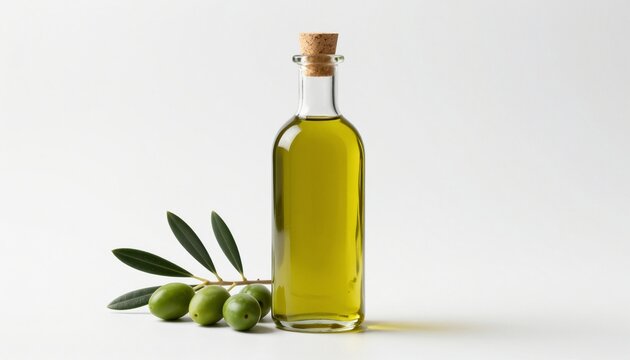 Minimalist clear glass bottle filled with premium golden-green olive oil with fresh olive branch